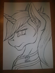 Size: 1620x2160 | Tagged: safe, artist:stirren, oc, oc only, oc:littlepip, pony, unicorn, fallout equestria, black and white, clothes, fanfic, fanfic art, female, grayscale, horn, jumpsuit, mare, monochrome, portrait, simple background, solo, traditional art, vault suit, white background, wip