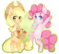 Size: 1024x938 | Tagged: safe, artist:seiunnn, applejack, pinkie pie, g4, apple, food, rope, watermark