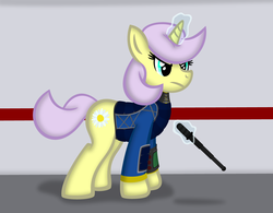 Size: 5351x4167 | Tagged: safe, artist:kl1cker, oc, oc only, oc:daisy, pony, unicorn, fallout equestria, fallout equestria: project horizons, absurd resolution, baton, glare, levitation, pipbuck, security, security armor, security officer, solo, standing
