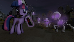 Size: 1280x720 | Tagged: safe, artist:johnsilents, twilight sparkle, pony, undead, unicorn, g4, book, church, female, gravestone, graveyard, magic, mare, necromancer, necromancy, skeleton