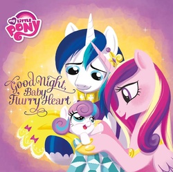 Size: 772x770 | Tagged: safe, artist:amy mebberson, princess cadance, princess flurry heart, shining armor, g4, my little pony: good night baby flurry heart, the crystalling, book cover, clothes, cute, cutedance, dress, fatherly love, flurrybetes, mike vogel, motherly love, open mouth, shining adorable, smiling