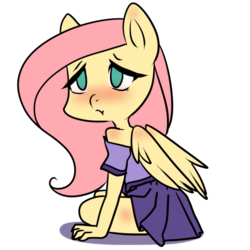 Size: 900x900 | Tagged: safe, artist:yukomaussi, fluttershy, anthro, g4, blushing, clothes, female, off shoulder, sad, simple background, sitting, skirt, solo, transparent background