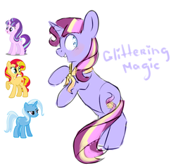 Size: 946x894 | Tagged: safe, artist:koteikow, starlight glimmer, sunset shimmer, trixie, oc, oc:glittering magic, pony, g4, counterparts, fusion, magical trio, twilight's counterparts, xk-class end-of-the-world scenario
