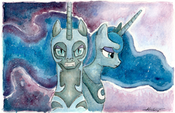Size: 1024x663 | Tagged: safe, artist:nokills-clan196, nightmare moon, princess luna, g4, duality, gritted teeth, traditional art, watercolor painting, watermark
