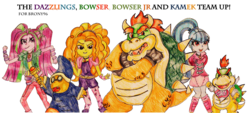 Size: 4408x2000 | Tagged: safe, artist:blazingdazzlingdusk, adagio dazzle, aria blaze, sonata dusk, equestria girls, g4, my little pony equestria girls: rainbow rocks, bowser, bowser jr, crossover, discussion in the comments, drawing, group, kamek, male, super mario bros., the dazzlings, traditional art