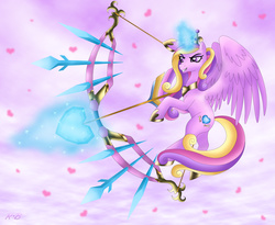 Size: 2629x2154 | Tagged: safe, artist:rose-beuty, princess cadance, g4, arrow, bow (weapon), bow and arrow, cupid, cupidance, female, flying, grin, heart, heart arrow, high res, holiday, magic, solo, telekinesis, valentine's day