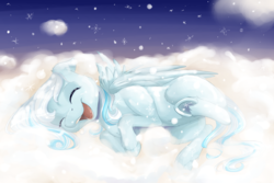 Size: 3000x2000 | Tagged: safe, artist:chiweee, oc, oc only, oc:snowdrop, pegasus, pony, belly button, cloud, cute, eyes closed, happy, high res, horses doing horse things, laughing, ocbetes, rolling, snow, snowbetes, snowfall, solo, underhoof, weapons-grade cute