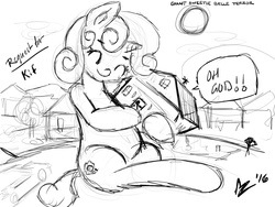 Size: 1024x768 | Tagged: safe, artist:aer0 zer0, sweetie belle, human, g4, aer0 zer0's request collection, grayscale, hug, lineart, macro, monochrome, request, requested art, terror