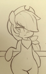 Size: 788x1280 | Tagged: safe, artist:hidden-cat, applejack, g4, bandana, belly button, female, hair over one eye, serious face, sketch, solo, traditional art