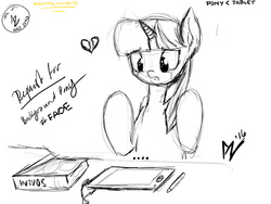 Size: 1024x768 | Tagged: safe, artist:aer0 zer0, twilight sparkle, pony, unicorn, g4, aer0 zer0's request collection, female, funny, horse problems, lineart, monochrome, request, requested art, sketch, solo, tablet