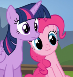 Size: 372x389 | Tagged: safe, screencap, pinkie pie, twilight sparkle, alicorn, earth pony, pony, g4, testing testing 1-2-3, :3, cropped, cute, diapinkes, female, mare, meme origin, sitting, sitting catface meme, smiling, twilight sparkle (alicorn)