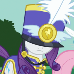 Size: 373x372 | Tagged: safe, screencap, rarity, pony, g4, testing testing 1-2-3, ancient wonderbolts uniform, clothes, cropped, female, hat, hat over eyes, mare, sgt. rarity, shako, unamused, uniform