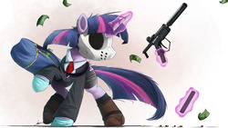 Size: 2000x1125 | Tagged: safe, artist:ncmares, twilight sparkle, alicorn, pony, g4, clothes, commission, crossover, female, gun, heat (film), hockey mask, magic, mare, mask, money, necktie, payday 2, payday the heist, solo, suit, twilight sparkle (alicorn), weapon