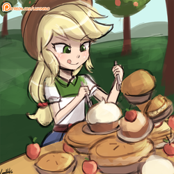 Size: 750x750 | Tagged: safe, artist:lumineko, applejack, equestria girls, g4, 30 minute art challenge, :p, apple, female, food, licking, licking lips, patreon, patreon logo, pie, solo, tongue out
