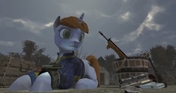Size: 1576x830 | Tagged: safe, oc, oc only, oc:littlepip, pony, unicorn, fallout equestria, fallout equestria (game), 3d, ashes of equestria, clothes, cloud, cloudy, fanfic, fanfic art, female, gun, handgun, horn, jumpsuit, mare, overmare studios, pipbuck, revolver, solo, vault suit, video game, wasteland, weapon