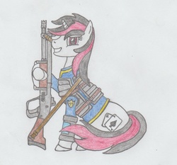 Size: 934x872 | Tagged: safe, artist:agentappleblanket, oc, oc only, oc:blackjack, pony, unicorn, fallout equestria, fallout equestria: project horizons, clothes, cutie mark, fanfic, fanfic art, female, gun, hooves, horn, jumpsuit, mare, pencil drawing, pipbuck, shotgun, simple background, sitting, smiling, solo, teeth, traditional art, vault suit, weapon