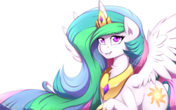 Size: 3840x2400 | Tagged: safe, artist:thebatfang, princess celestia, alicorn, pony, g4, crown, female, high res, horseshoes, looking at you, looking up, mare, necklace, regalia, simple background, smiling, solo, spread wings, white background