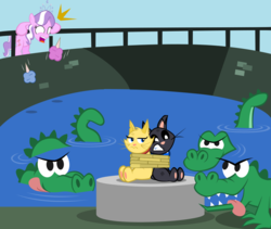 Size: 960x810 | Tagged: safe, artist:magerblutooth, diamond tiara, oc, oc:dazzle, oc:peal, alligator, g4, cotton candy, hungry, rope, tied up, water, zoo