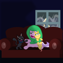 Size: 800x800 | Tagged: safe, artist:magerblutooth, diamond tiara, oc, oc:dazzle, oc:peal, cat, g4, anxiety, blanket, comfort, comforting, couch, fear, pet, pet oc, rain, scared, storm