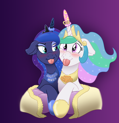 Size: 925x957 | Tagged: safe, artist:caroo, princess celestia, princess luna, alicorn, pony, g4, :3, blushing, cheek squish, clothes, collar, cute, cutelestia, duo, duo female, female, floppy ears, horn, horn sleeve, lunabetes, sillestia, silly, silly pony, slippers, squishy cheeks, tongue out