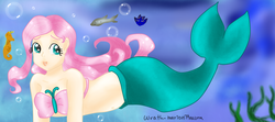 Size: 1124x500 | Tagged: safe, artist:wrath-marionphauna, fluttershy, human, mermaid, seahorse, g4, bubble, crepuscular rays, female, fish tail, humanized, mermaidized, midriff, ocean, scales, seaweed, solo, sunlight, swimming, tail, underwater, water