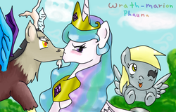 Size: 445x284 | Tagged: safe, artist:wrath-marionphauna, derpy hooves, discord, princess celestia, pegasus, pony, g4, angry, blushing, female, kiss on the lips, kissing, male, mare, one eye closed, ship:dislestia, shipping, straight, tongue out, wink