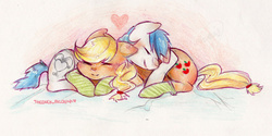 Size: 1024x510 | Tagged: safe, artist:theduck-mcquak, applejack, oc, oc:constance everheart, g4, blushing, canon x oc, clothes, cuddling, everjack, heart, shipping, snuggling, socks, traditional art