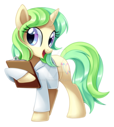 Size: 1024x1143 | Tagged: safe, artist:centchi, oc, oc only, oc:dr switch-a-roo, pony, unicorn, clipboard, clothes, coat, cute, lab coat, open mouth, solo, watermark