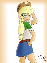Size: 1280x1707 | Tagged: safe, artist:thealjavis, applejack, equestria girls, g4, clothes, cowboy hat, denim skirt, female, freckles, hat, looking at you, pose, signature, skirt, solo, stetson