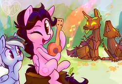 Size: 1023x700 | Tagged: safe, artist:meekcheep, oc, oc only, oc:amy keating rogers, oc:sharp focus, pegasus, pony, timber wolf, :o, amy keating rogers, crossed legs, cute, guitar, happy, howling, music notes, sitting, tree stump, wink