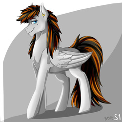 Size: 1024x1024 | Tagged: safe, artist:sparklyon3, oc, oc only, oc:spectrum strike, pegasus, pony, rcf community, chest fluff, ear piercing, earring, jewelry, male, piercing, signature, smiling, solo, stallion, wings