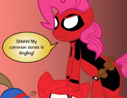 Size: 1000x773 | Tagged: safe, artist:the-kinetic, pinkie pie, g4, clothes, cosplay, costume, crossover, deadpool, male, marvel, pinkiepool, ponified, spider-man, spidercolt