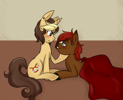 Size: 1366x1114 | Tagged: safe, artist:scribblesdesu, oc, oc only, oc:golden heart, oc:scribbles heart, earth pony, pony, unicorn, blanket, blushing, earth pony oc, eye contact, horn, looking at each other, lying, scriden, sitting, unicorn oc