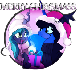 Size: 1280x1188 | Tagged: safe, artist:jokerpony, princess luna, queen chrysalis, ask teen chrysalis, g4, christmas, clothes, goth, hat, present, simple background, sweater, transparent background, tumblr