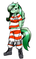 Size: 800x1300 | Tagged: safe, artist:fu-do, oc, oc only, oc:eden shallowleaf, anthro, belly button, boots, bound wings, clothes, cuffs, female, prison outfit, prison stripes, prisoner, simple background, solo, stripes, white background