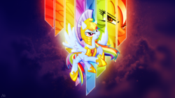 Size: 1920x1080 | Tagged: safe, artist:antylavx, artist:itchykitchy, artist:jennieoo, edit, rainbow dash, g4, armor, cloud, element of loyalty, female, flying, helmet, royal guard, show accurate, solo, stars, wallpaper, wallpaper edit