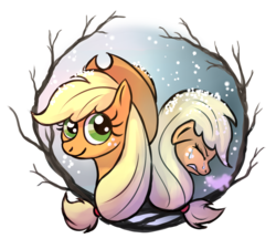 Size: 1000x900 | Tagged: safe, artist:bugiling, applejack, earth pony, pony, g4, crying, crying inside, duality, female, happy, hatless, mare, missing accessory, sad, snow, snowfall, solo