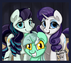 Size: 1600x1400 | Tagged: safe, artist:gasmaskfox, coloratura, lyra heartstrings, rarity, earth pony, pony, unicorn, g4, female, grin, lidded eyes, looking at you, mare, open mouth, rara, rarara, ship:lyrararararara, ship:rarararara, smiling, squee, wide eyes