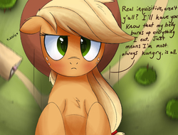 Size: 2420x1841 | Tagged: safe, artist:ncmares, applejack, g4, big-apple-pony, dialogue, falling, female, floppy ears, frown, giantess, macro, solo, toilet humor