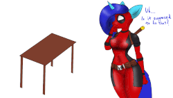 Size: 900x508 | Tagged: safe, artist:tunderi, oc, oc only, oc:tess, anthro, animated, clothes, costume, deadpool, skintight clothes, solo
