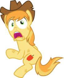 Size: 4338x5242 | Tagged: safe, artist:osipush, braeburn, earth pony, pony, g4, absurd resolution, alternate gender counterpart, alternate universe, bruised, cowboy hat, hat, male, open mouth, scared, simple background, solo, stallion, transparent background, vector