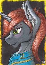 Size: 1538x2160 | Tagged: safe, artist:stirren, oc, oc only, oc:littlepip, pony, unicorn, fallout equestria, abstract background, blushing, clothes, ear fluff, fanfic, fanfic art, female, horn, jumpsuit, mare, portrait, solo, vault suit