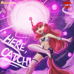 Size: 750x750 | Tagged: safe, artist:lumineko, apple bloom, earth pony, anthro, apple bloomers, g4, apple buruma project, bandeau, clothes, dialogue, evening gloves, female, gloves, magic, midriff, patreon, patreon logo, socks, solo, staff, thigh highs