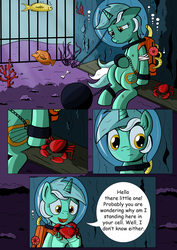 Size: 2480x3508 | Tagged: safe, artist:theponypretender, lyra heartstrings, crab, fish, comic:a lyrabon adventure, g4, ball and chain, bruised, bubble, chains, comic, coral, crepuscular rays, diving helmet, female, flowing mane, flowing tail, high res, hoof on belly, mare, ocean, prison, sad, scuba gear, seaweed, solo, sunlight, tail, underwater, water