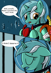 Size: 2480x3508 | Tagged: safe, artist:theponypretender, lyra heartstrings, crab, pony, unicorn, comic:a lyrabon adventure, g4, bubble, comic, coral, crepuscular rays, diving helmet, female, flowing mane, flowing tail, high res, mare, ocean, prison, sad, scuba gear, seaweed, solo, sunlight, tail, underwater, water