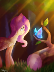 Size: 768x1024 | Tagged: safe, artist:iponylover, fluttershy, butterfly, g4, crepuscular rays, female, forest, solo