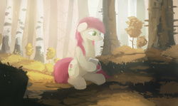 Size: 2562x1528 | Tagged: safe, artist:fuzzyfox11, roseluck, earth pony, pony, g4, coffee, female, food, forest, mare, sitting, solo