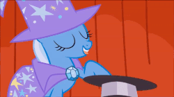 Size: 853x479 | Tagged: safe, artist:madameleflour, snips, trixie, pony, unicorn, g4, animated, bunny costume, bunny out of the hat, cape, clothes, coat, female, hat, magic trick, mare, pmv, shy, smiling, top hat, trick, trixie's cape, trixie's hat, youtube link