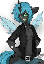 Size: 1201x1729 | Tagged: safe, artist:teranen, queen chrysalis, anthro, g4, abs, arm hooves, belly button, chest fluff, clothes, colored pupils, king metamorphosis, male, open clothes, open shirt, rule 63, solo, topless