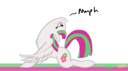 Size: 2000x1115 | Tagged: safe, artist:laserbiskit, blossomforth, g4, blushing, chest fluff, contortionist, dialogue, female, flexible, scrunchy face, simple background, solo, stretch, that pony sure is flexible, white background